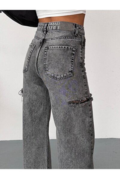 XBELLA DENİM Γυναικείο γκρι φαρδύ τζιν ψηλόμεσο τζιν παντελόνι από ύφασμα τζιν με λέιζερ στα πλαϊνά