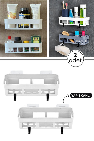 Flora 2 Adet Yapışkanlı Plastik Raf, Delme Vida Gerektirmeyen Banyo Duş Şampu...