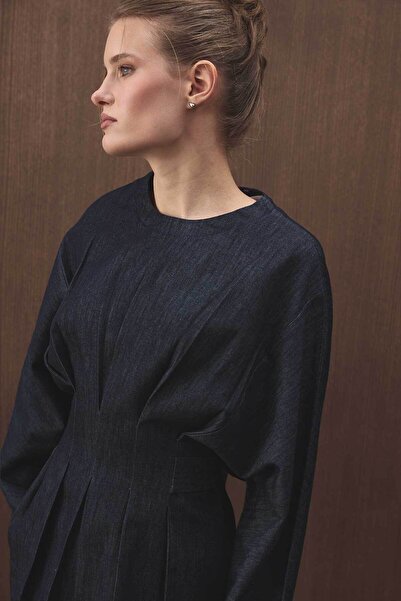 Hooopstore Pile Detaylı Denim Lacivert Bluz