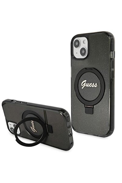 Guess Carcasă pentru iPhone 15 Plus - Neagră, Suport cu Inel, MagSafe, Logo Script, Sclipici
