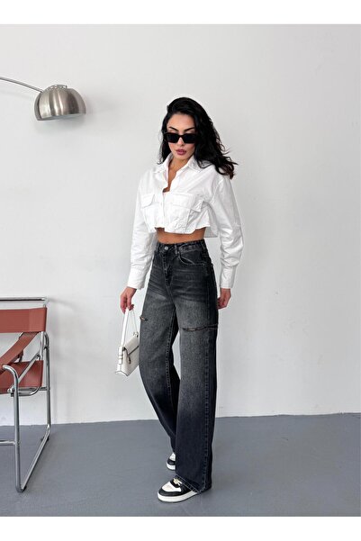 XBELLA DENİM Жіночі димчасті баггі джинси з високою талією, джинсові штани з лазерною обробкою з боків