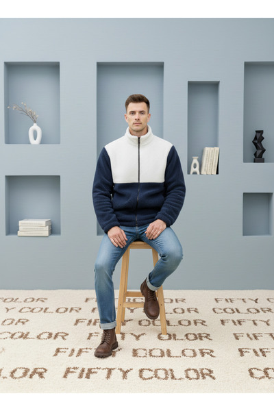 Fifty Color Преміум, унісекс, синьо-білий, кольорові блоки, на блискавці, високий комір, шерпа, поляр, куртка