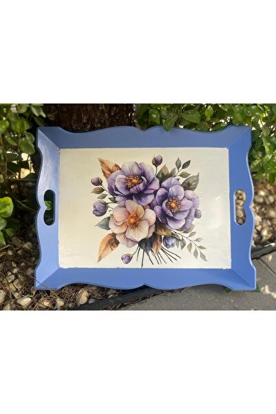 DERYA DESİNG ART Flower Patterned Hand Painted Wooden Tea-Coffee Tray, Presentation Tray 39X31Cm