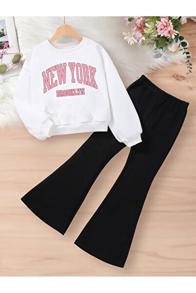 buendiakids Kız Çocuk Beyaz-Siyah Pembe Brooklyn Baskılı Bisiklet Yaka İspany...