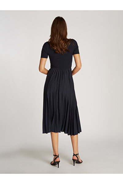 Tommy Hilfiger Women Dark Night Navy Pleated Midi Fit and Flare Dress