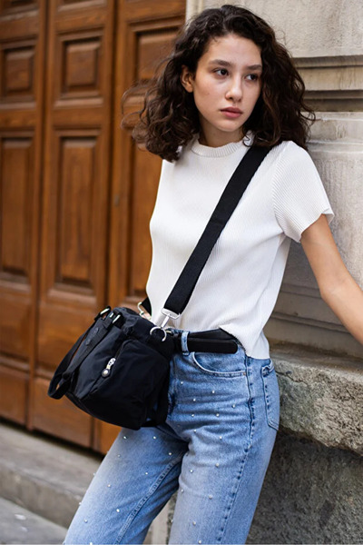 Sanmorris Women's Black Crinkle Fabric Medium Size Crossbody Hand & Shoulder Bag