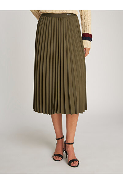 Tommy Hilfiger Women Utility Olive Logo Waistband Fluid Pleated Midi A-Line Skirt
