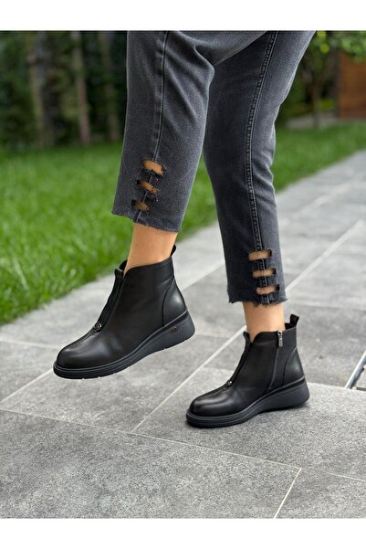 DİVA Siyah Deri Dolgu Kadın Günlük Bot