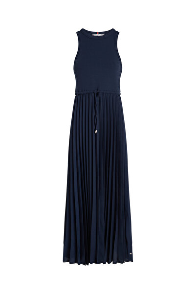 Tommy Hilfiger Women Dark Night Navy Rib Pleated Sleeveless Midi Dress