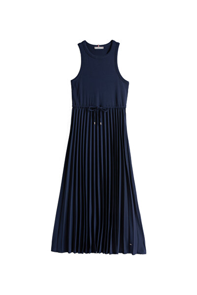 Tommy Hilfiger Women Dark Night Navy Rib Pleated Sleeveless Midi Dress