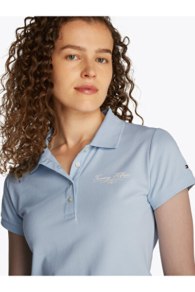 Tommy Hilfiger Women Breezy Blue Short Sleeve Slim Fit Script Polo T-Shirt