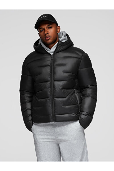 OMBRE Prošívaná pánská péřová bunda s kapucí - černá V1 OM-JAHP-0235