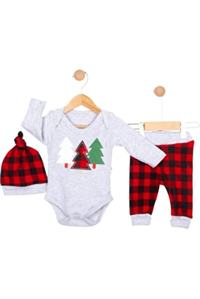 Aydınlar Baby New Year Themed 3-Piece Set – Gray Bodysuit, Red Checkered Pants and Beanie