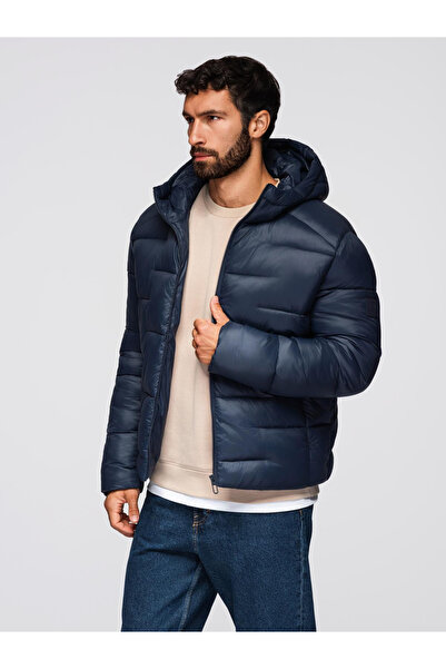 OMBRE Pánská prošívaná péřová bunda s kapucí - tmavě modrá V4 OM-JAHP-0235