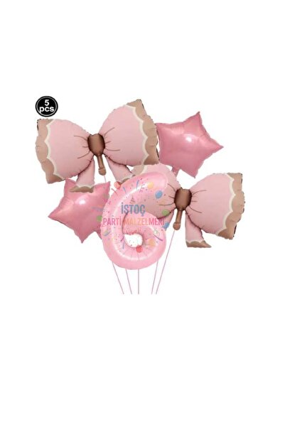 İSTOÇ PARTİ Pink Color Bow Number Star Foil Balloon Set Age 6