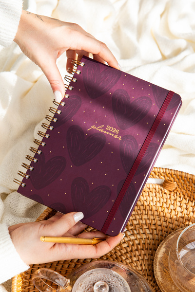 PAPERORA 2026 A5 Spiralli Haftalık Ajanda 12 Aylık - Bordo Kalp