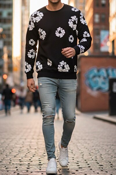 Oksit Φούτερ Karly με δύο νήματα με λουλουδάτο στάμπα με λαιμόκοψη Slim Fit Unisex