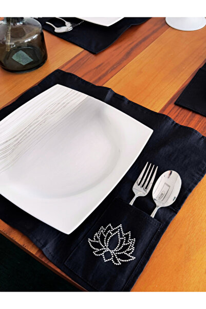 Menar Tasarım طقم مفارش أمريكية 6 قطع من القماش المطرز بزهرة اللوتس مقاس 45*35 سم باللون الأسود
