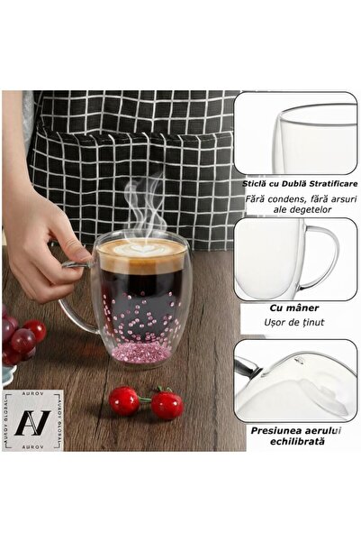 Aurov Set of 4 Heat-Resistant Glass Tea and Coffee Mugs, with Pink Crystals, Double Walls