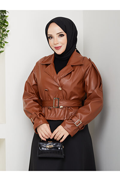 MODAMERSİ Women's Tan Belted Short Leather Jacket with Shoulder Epaulettes