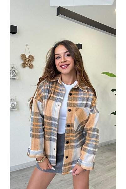 modadagiyim Kadın Kışlık Tek Cep Detaylı Kareli Ekoseli Oduncu Gömlek