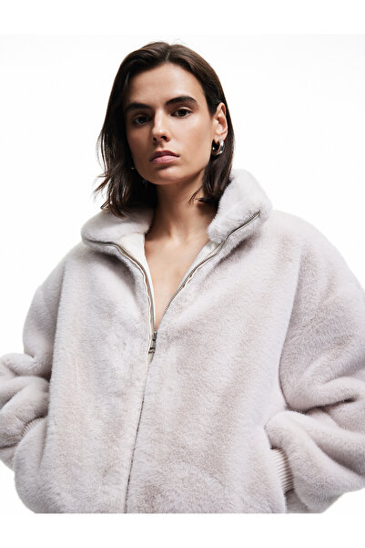 Koton Zippered Stand Collar Pocket Faux Fur Plush Oversize Crop Coat