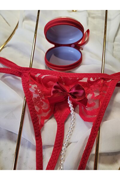 G&H UNDERWEAR Yeni Yıl Özel İncili String Tanga Kırmızı Külot (minik noel cüzdan hediyeli)