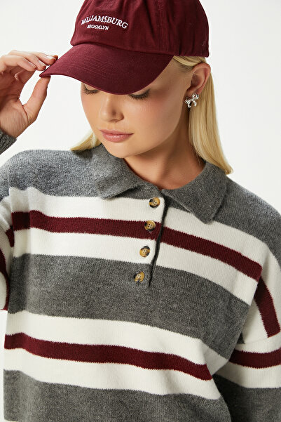 Ritnice Kadın Otto Yumuşak Dokulu Pola Yaka Antrasit Bordo Çizgili Kazak