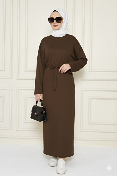 CrazyShopping Γυναικείο μακρυμάνικο βαμβακερό μάξι φόρεμα με στρογγυλή λαιμόκοψη και ζώνη στη μέση