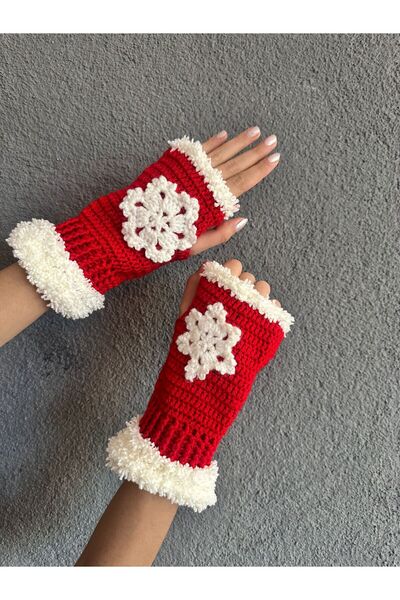 Gönülden Tasarım Hand-Knitted Christmas Women's Fingerless Gloves with Snowflake Motif