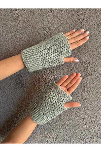 Gönülden Tasarım Hand Knitted Fingerless Green Women's Gloves