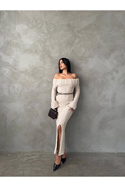 GİYSİ DÜNYASI 57 Triko Fabric Slit Madonna Collar Long Dress