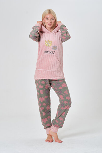 Tamay Boxer Kışlık Yaprak Desenli Kapüşonlu ve Kanguru Cepli İkili Polar Pelu...