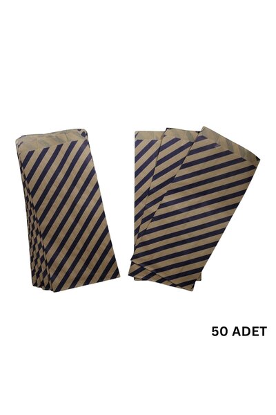 Gusseted Kraft Pouch Paper, Navy Blue Verev Striped Damask Gift, Packaging Bag, 15x33 Cm, 50 Pieces