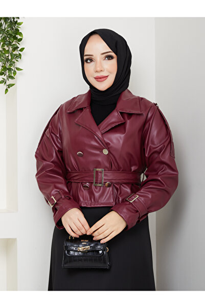 MODAMERSİ Women's Burgundy Belted Short Leather Jacket with Shoulder Epaulettes