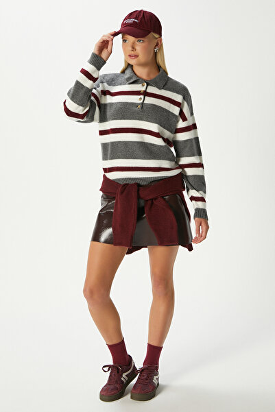 Ritnice Kadın Otto Yumuşak Dokulu Pola Yaka Antrasit Bordo Çizgili Kazak