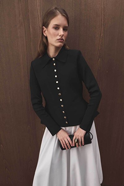Hooopstore Mercerized Black Cardigan with Button Detail