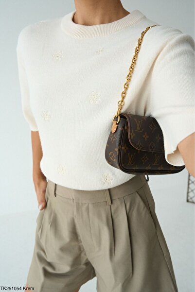 CADDELAMODA Pulover de tricotat moale cu broderie florală pentru femei