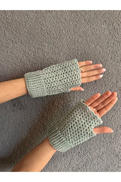 Gönülden Tasarım Hand Knitted Fingerless Green Women's Gloves