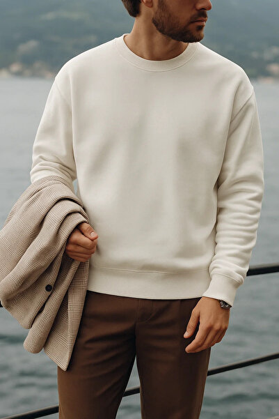 COMBİNE MİCHAİL سترة بيضاء فضفاضة للرجال بياقة دائرية سميكة