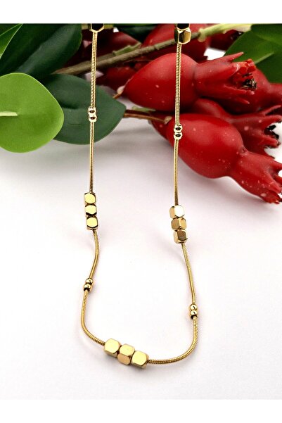 Siya Silver Kararmaz Çelik Yılan Zincir Sıralı Küp Topçuk Detaylı Kolye