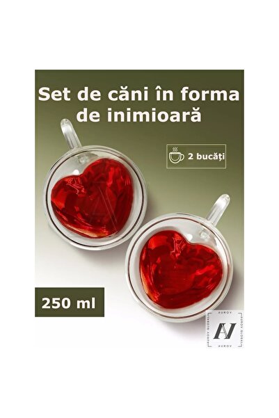 Aurov Set of 2 Heart-Shaped Mugs Made of Heat-Resistant Glass, Double Walled, for Tea and Coffee, 250ml