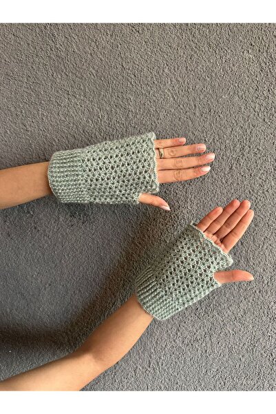 Gönülden Tasarım Hand Knitted Fingerless Green Women's Gloves