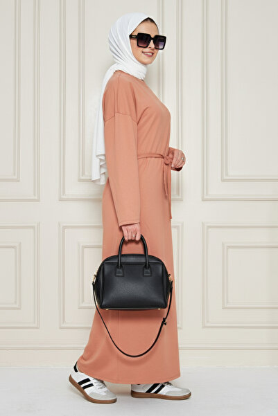 CrazyShopping Γυναικείο μακρυμάνικο βαμβακερό μάξι φόρεμα με στρογγυλή λαιμόκοψη και ζώνη στη μέση