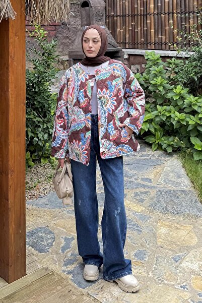 lamelif Μοτίβο καπιτονέ παλτό Bitter Brown