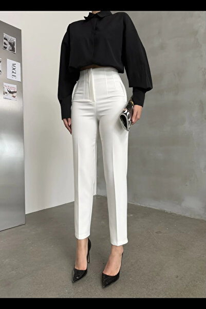 MetuCA Women's White High Waist Pencil Detailed Carrot Leg Thick Tok Fabric T...