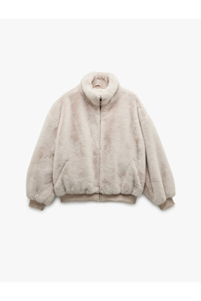 Koton Zippered Stand Collar Pocket Faux Fur Plush Oversize Crop Coat