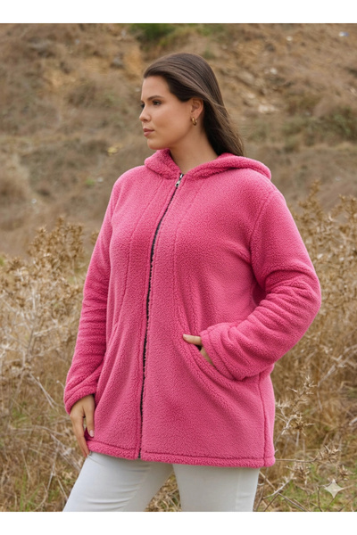 ModaSehle Women's Large Size Long Sleeve Pocket Hooded Zippered Plush Cardigan Jacket