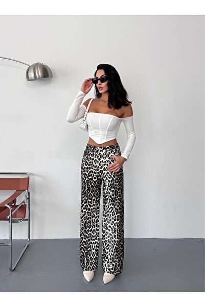 Zeo Basic Kadın kahve-beyaz leopar desenli wide-leg yüksek bel kot pantolon denim kumaş