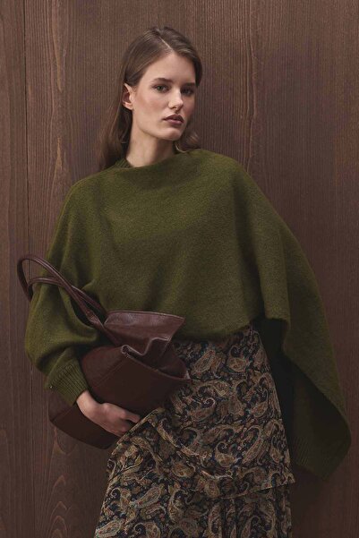 Hooopstore Pelerin Detaylı Triko Haki Kazak